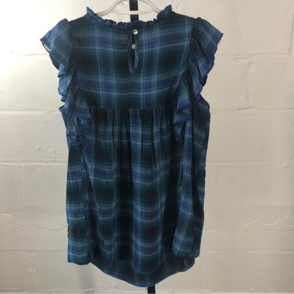 Beach  Lunch Lounge Ruffled Top Size S Blue Plaid Sleeveless NWOT - Picture 4 of 7